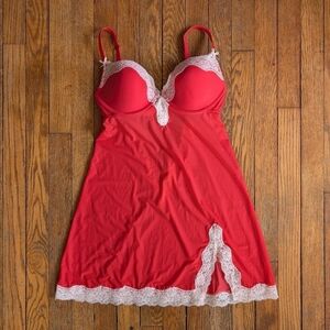 Victoria's Secret Red Lace Trim Lingerie Nightie Slip Negligee Dress